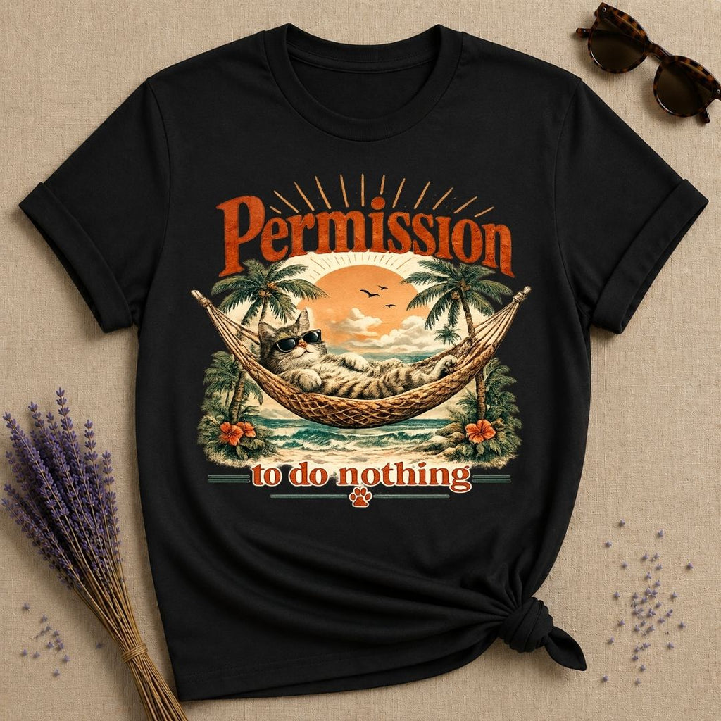 Permission to Do Nothing — Vintage Travel Poster Cat T-Shirt for Women in Black