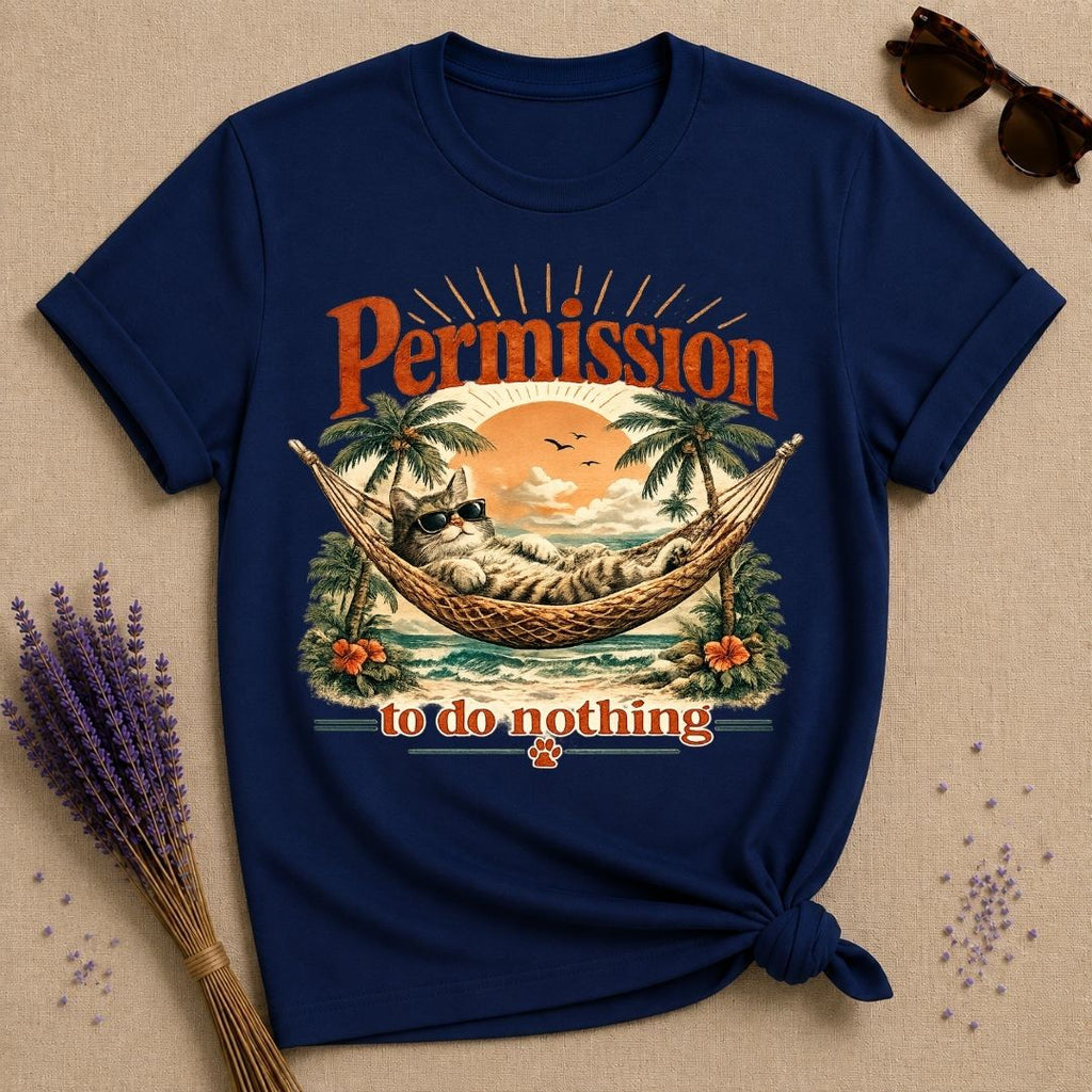 Permission to Do Nothing — Vintage Travel Poster Cat T-Shirt for Women in Navy