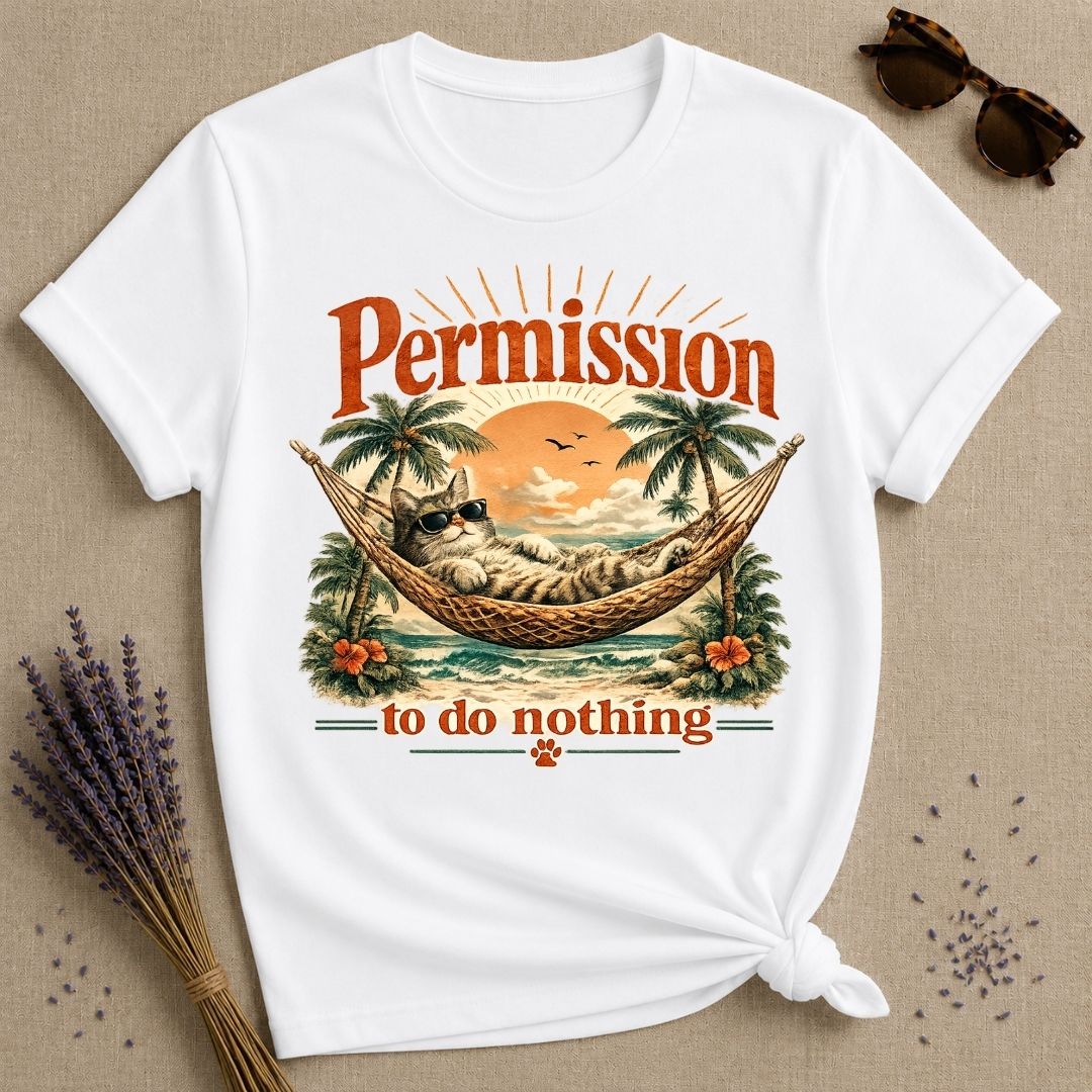 Permission to Do Nothing — Vintage Travel Poster Cat T-Shirt for Women in White
