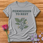 Permission to Rest — Soft Floral Statement Tee for Women in Sport Grey