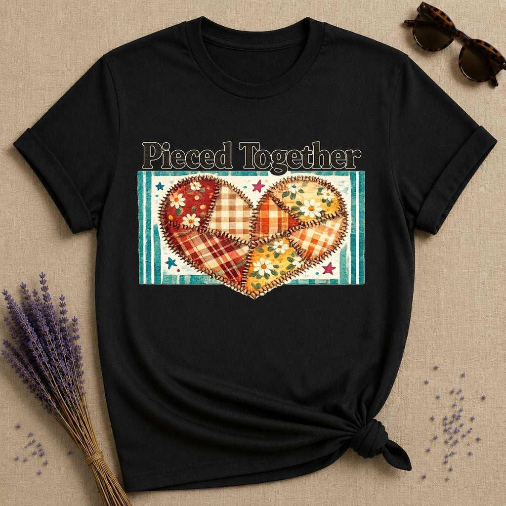 Pieced Together — Patchwork Heart Botanical T-Shirt for Women in Black