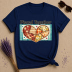 Pieced Together — Patchwork Heart Botanical T-Shirt for Women in Navy