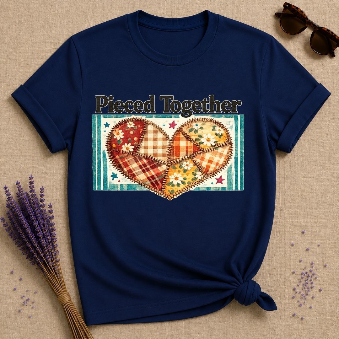 Pieced Together — Patchwork Heart Botanical T-Shirt for Women in Navy