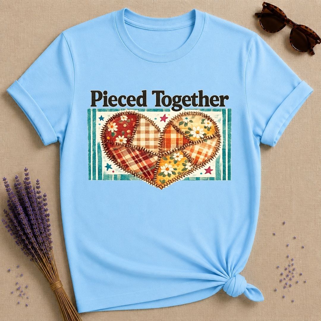 Pieced Together — Patchwork Heart Botanical T-Shirt for Women in Sky