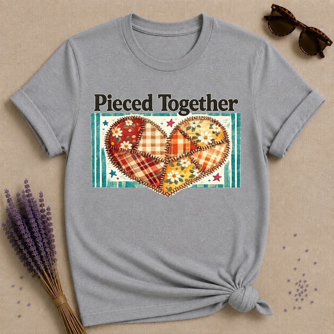 Pieced Together — Patchwork Heart Botanical T-Shirt for Women in Sport Grey