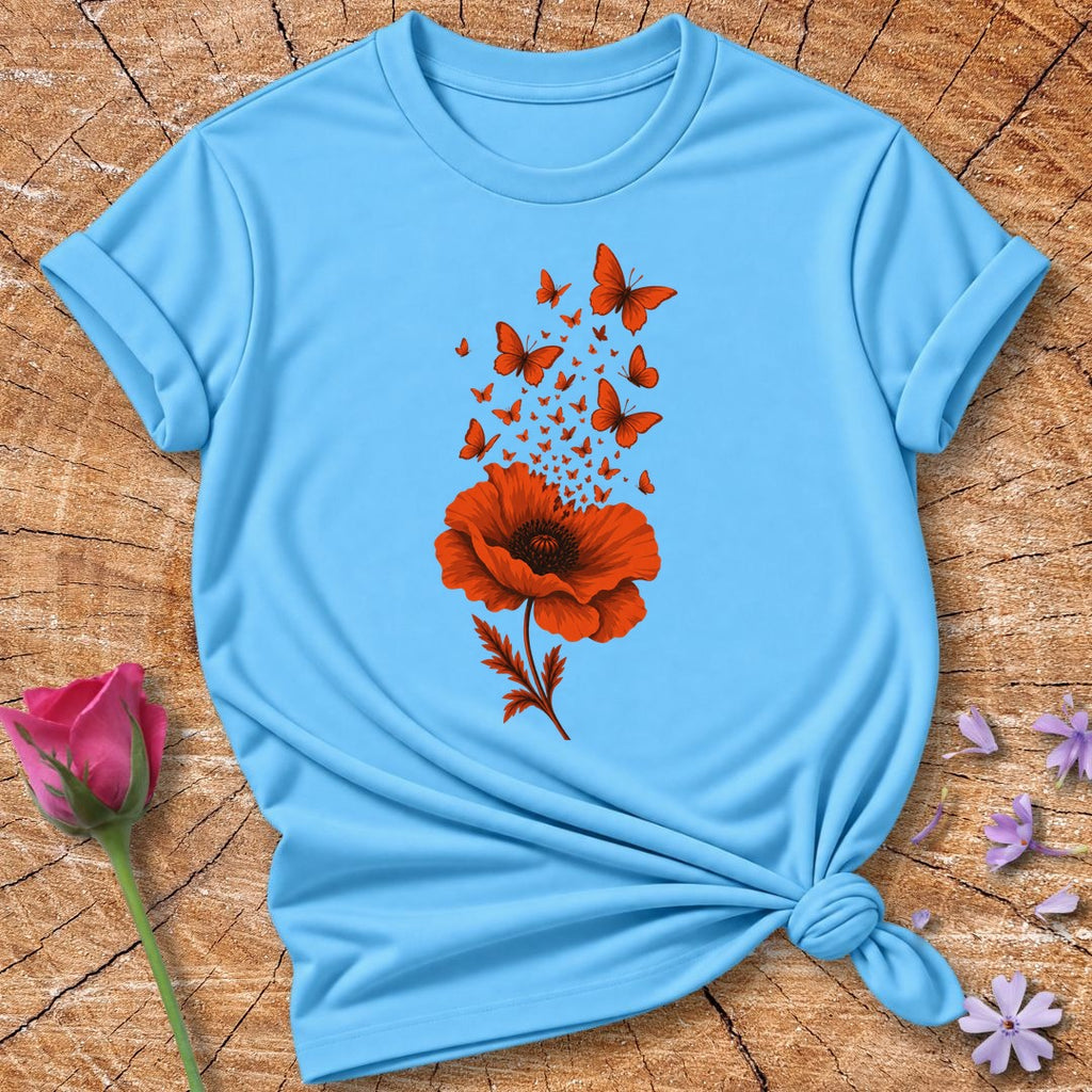 Poppy Into Butterflies — Burnt-Orange Monochrome Botanical T-Shirt for Women in Sky