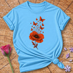 Poppy Into Butterflies — Burnt-Orange Monochrome Botanical T-Shirt for Women in Sky