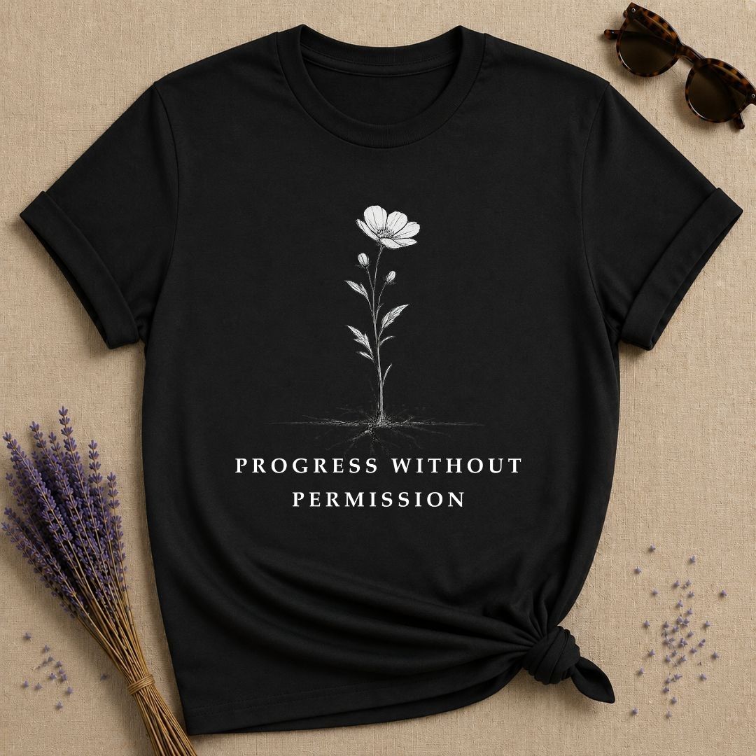 Progress Without Permission — Wildflower Botanical Growth T-Shirt for Women — Black