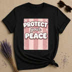 Protect Your Peace — Pink Stripe Bubble Typography T-Shirt for Women in Black