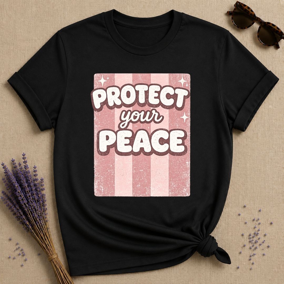 Protect Your Peace — Pink Stripe Bubble Typography T-Shirt for Women in Black