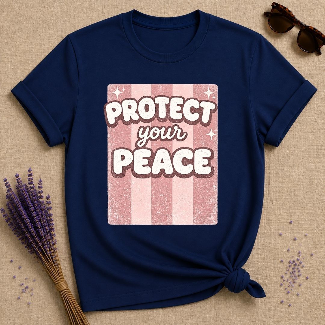 Protect Your Peace — Pink Stripe Bubble Typography T-Shirt for Women in Navy