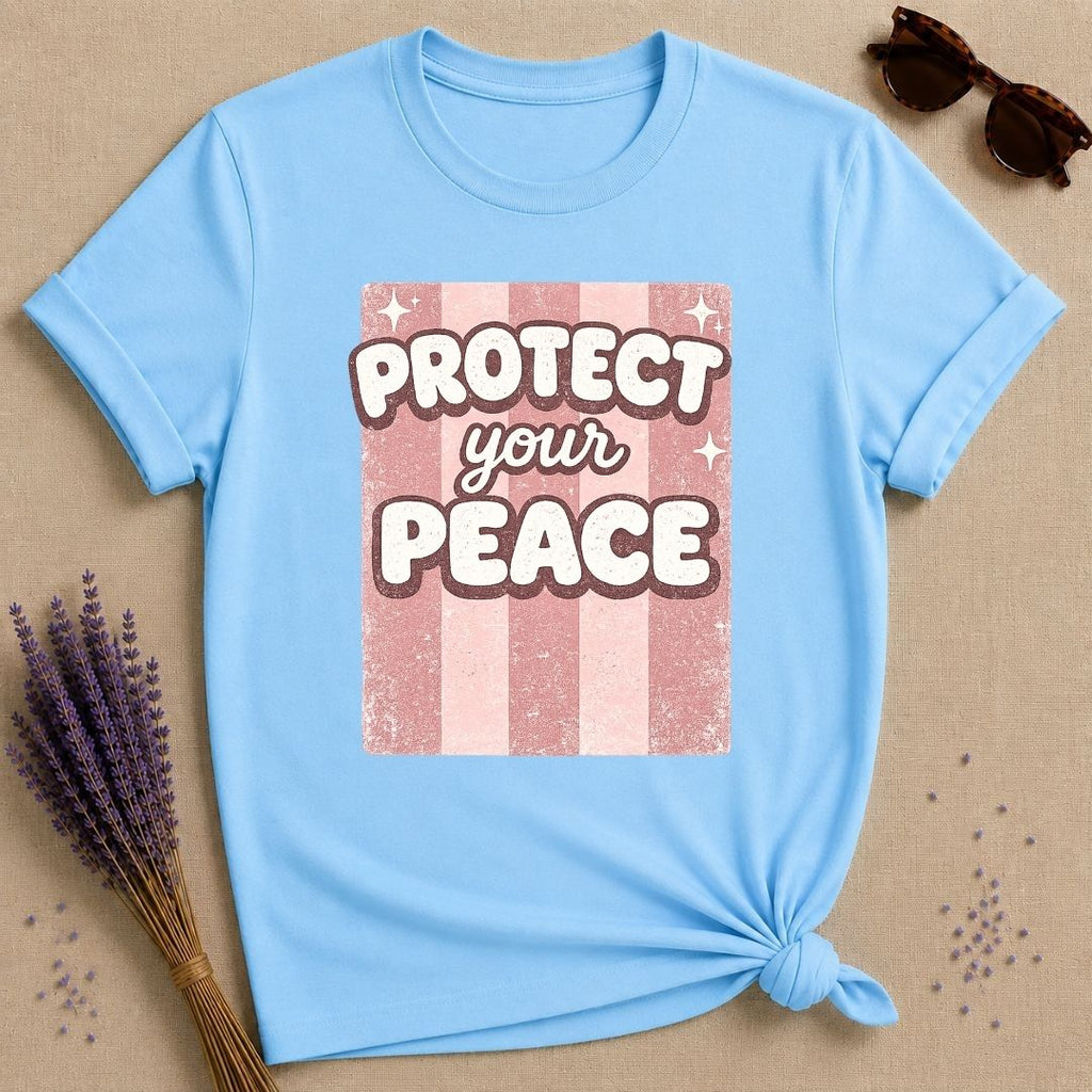 Protect Your Peace — Pink Stripe Bubble Typography T-Shirt for Women in Sky