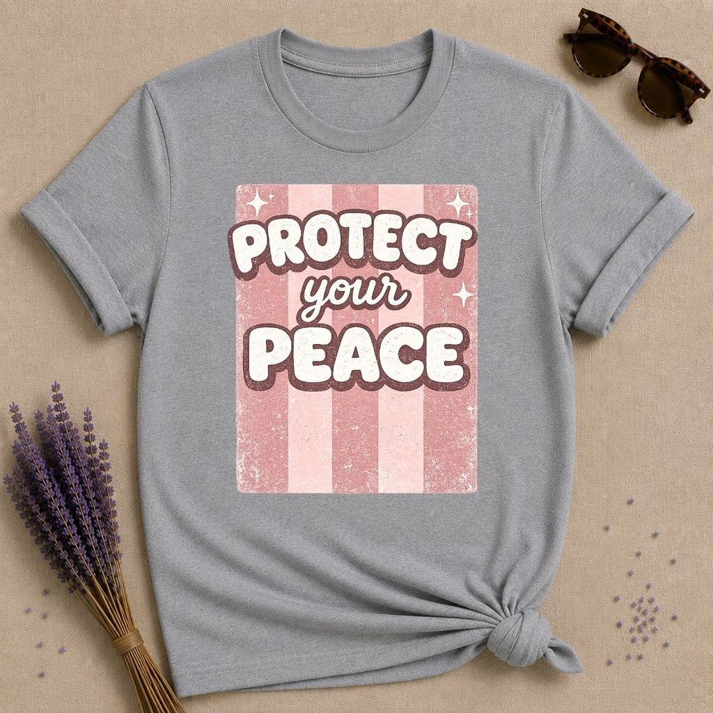 Protect Your Peace — Pink Stripe Bubble Typography T-Shirt for Women in Sport Grey