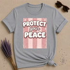 Protect Your Peace — Pink Stripe Bubble Typography T-Shirt for Women in Sport Grey