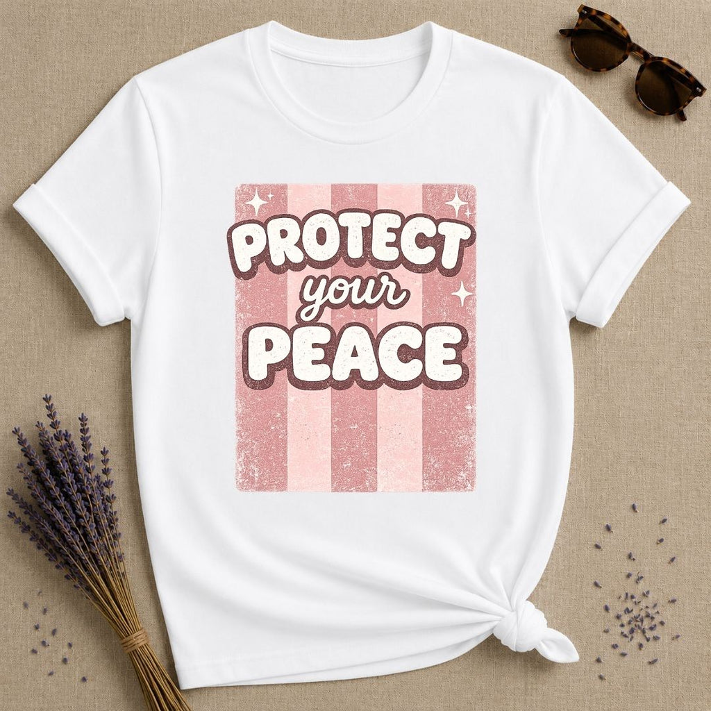 Protect Your Peace — Pink Stripe Bubble Typography T-Shirt for Women in White