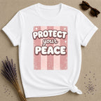Protect Your Peace — Pink Stripe Bubble Typography T-Shirt for Women in White