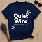 Quiet Wins Your Peace Is the Prize — Minimalist Floral T-Shirt for Women in Navy