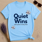 Quiet Wins Your Peace Is the Prize — Minimalist Floral T-Shirt for Women in Sky