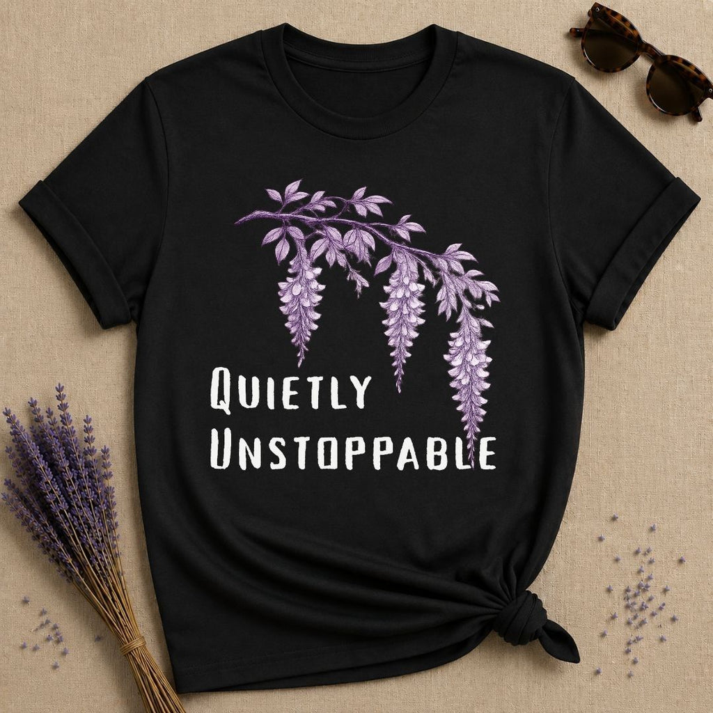 Quietly Unstoppable — Wisteria Botanical T-Shirt for Women in Black