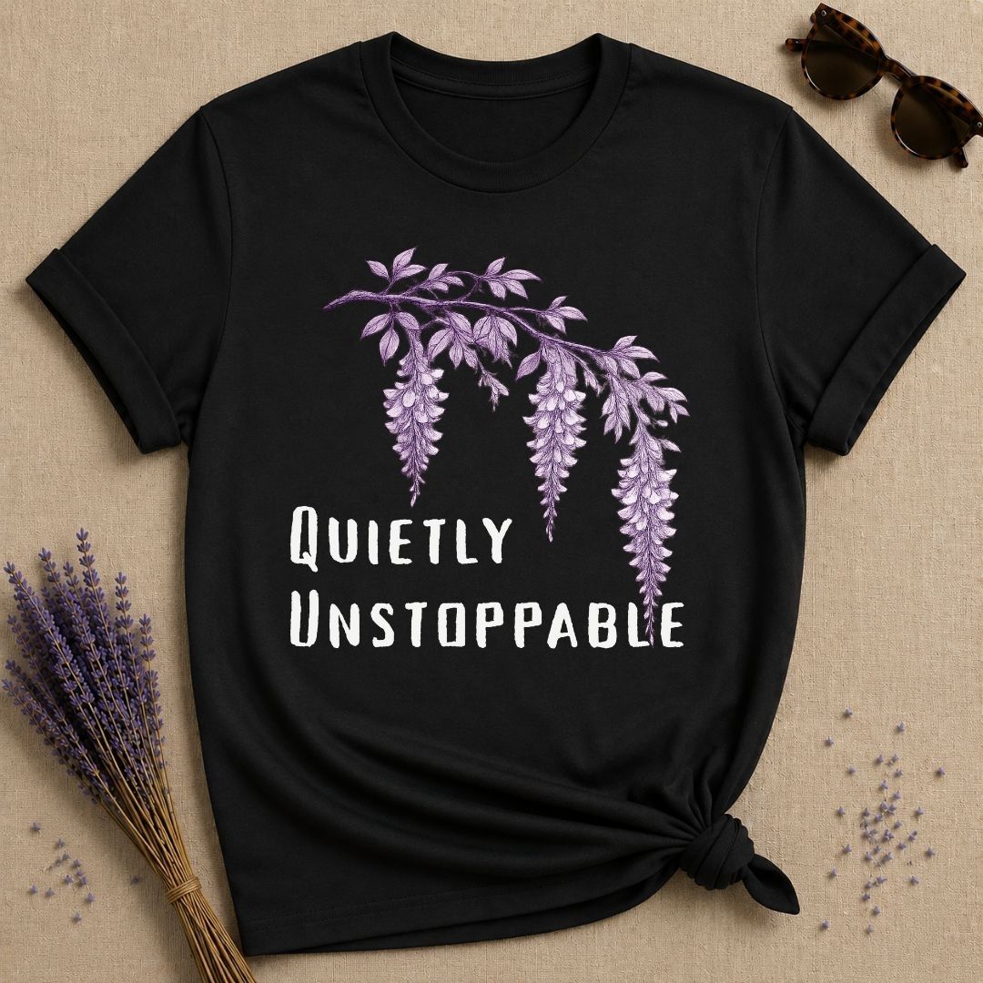 Quietly Unstoppable — Wisteria Botanical T-Shirt for Women in Black