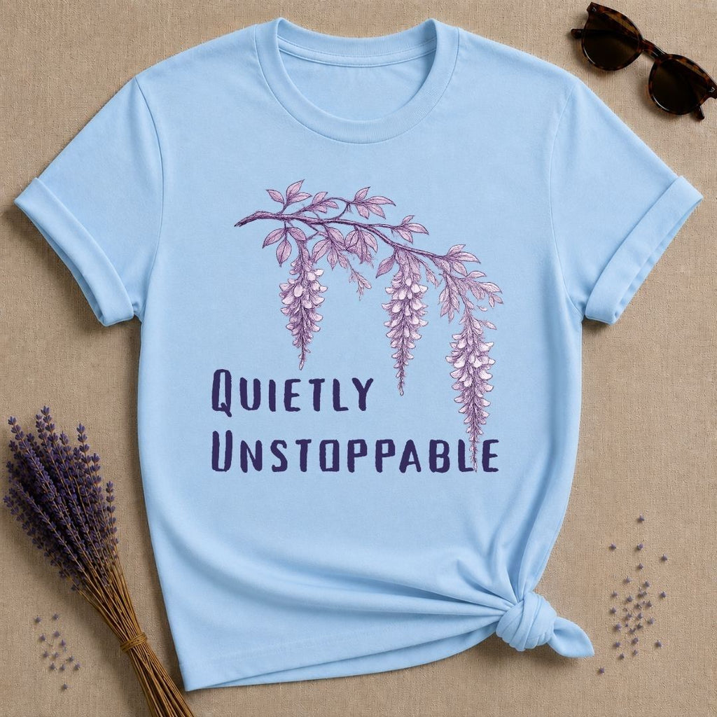 Quietly Unstoppable — Wisteria Botanical T-Shirt for Women in Light Blue
