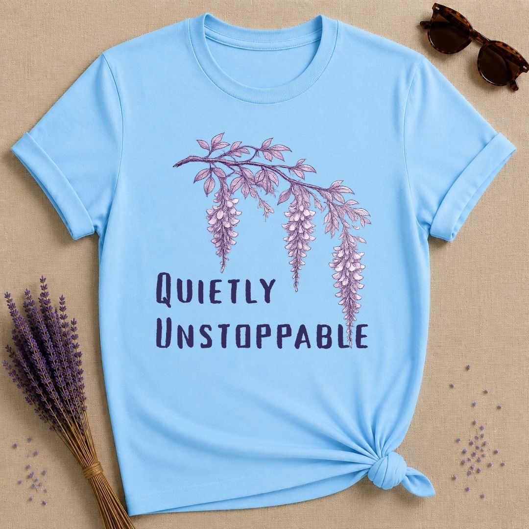 Quietly Unstoppable — Wisteria Botanical T-Shirt for Women in Sky