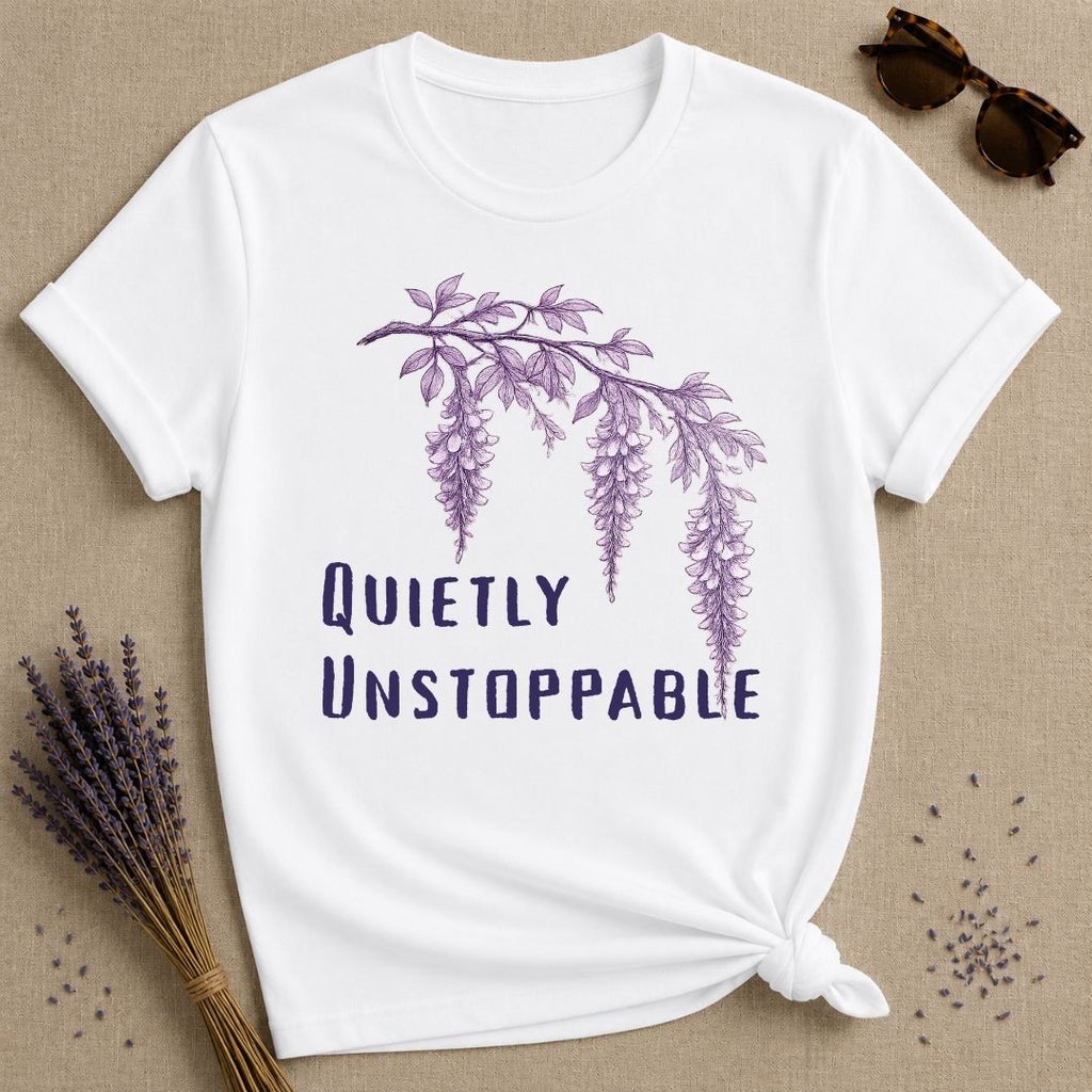 Quietly Unstoppable — Wisteria Botanical T-Shirt for Women in White