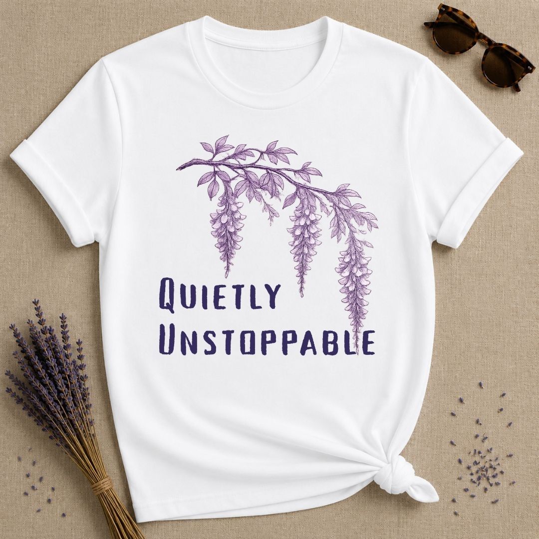 Quietly Unstoppable — Wisteria Botanical T-Shirt for Women in White