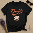 Quietly Wild — Terracotta Peony Botanical Script T-Shirt for Women in Black