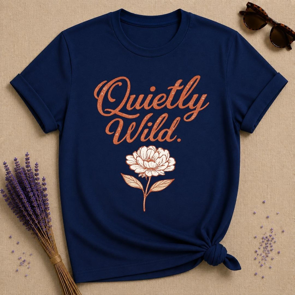 Quietly Wild — Terracotta Peony Botanical Script T-Shirt for Women in Navy