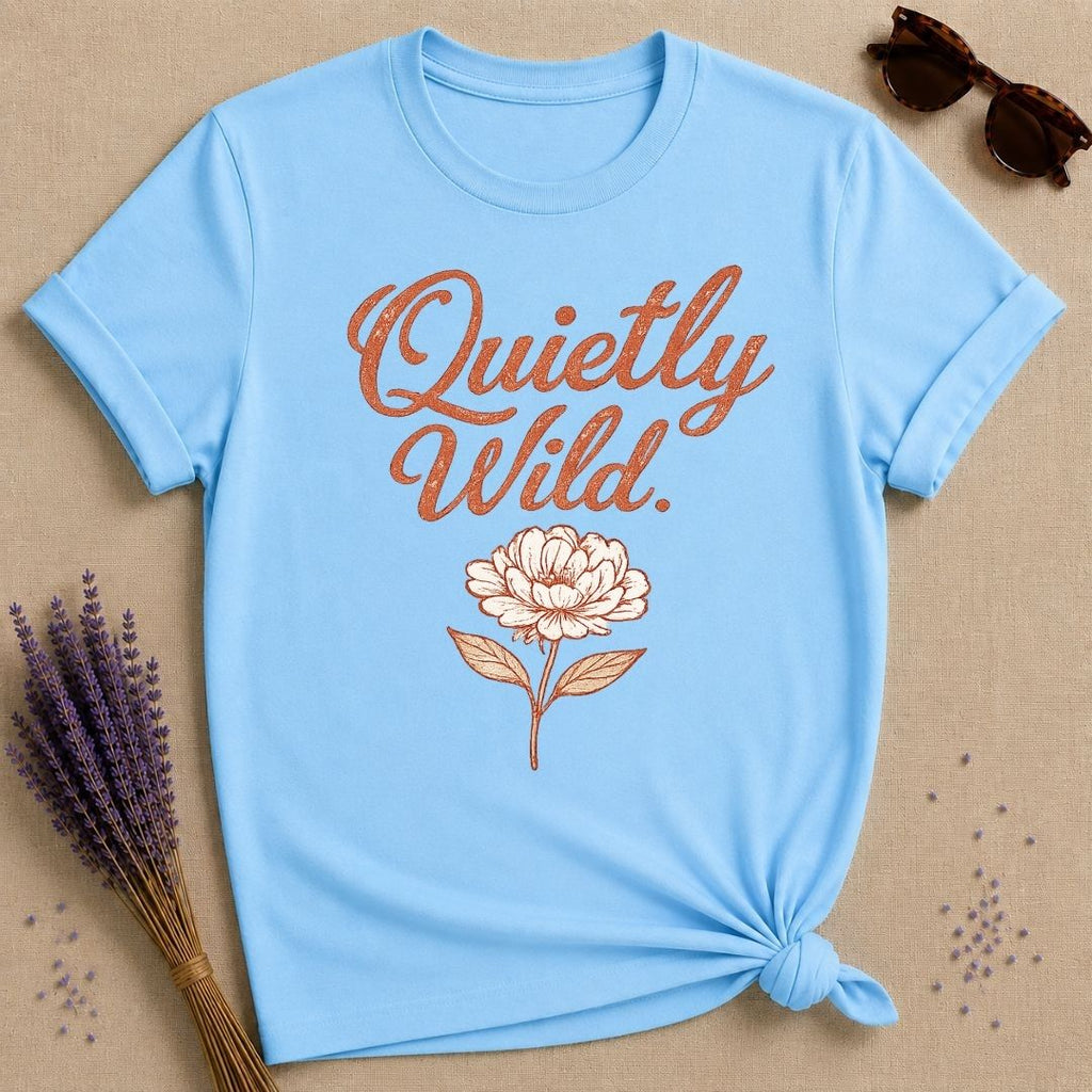 Quietly Wild — Terracotta Peony Botanical Script T-Shirt for Women in Sky