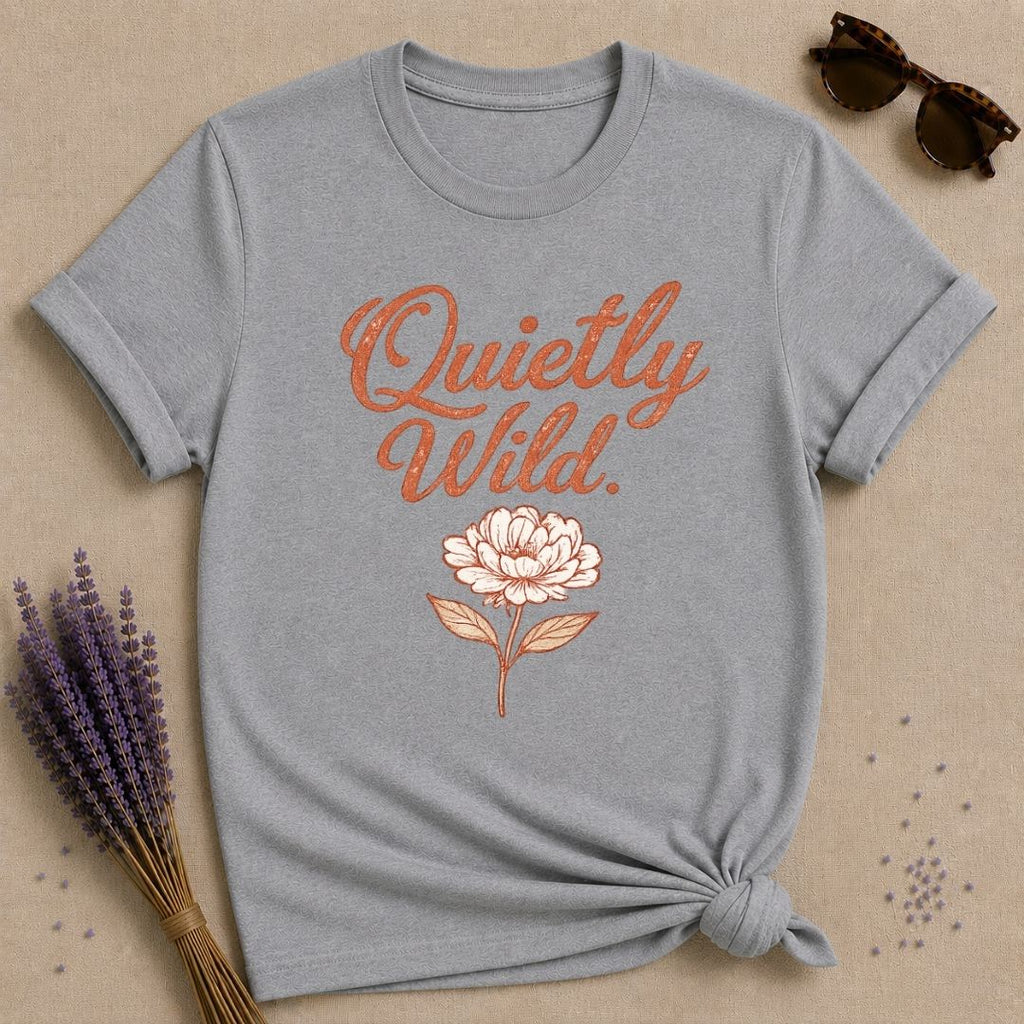 Quietly Wild — Terracotta Peony Botanical Script T-Shirt for Women in Sport Grey