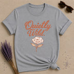 Quietly Wild — Terracotta Peony Botanical Script T-Shirt for Women in Sport Grey