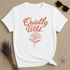 Quietly Wild — Terracotta Peony Botanical Script T-Shirt for Women in White