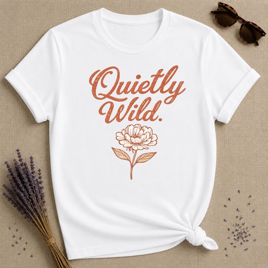 Quietly Wild — Terracotta Peony Botanical Script T-Shirt for Women in White