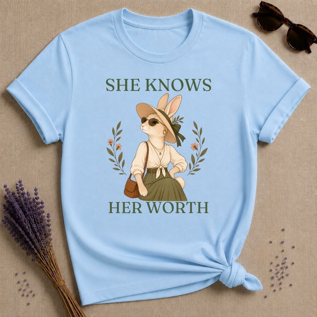 Rabbit She Knows Her Worth T-Shirt - Light Blue