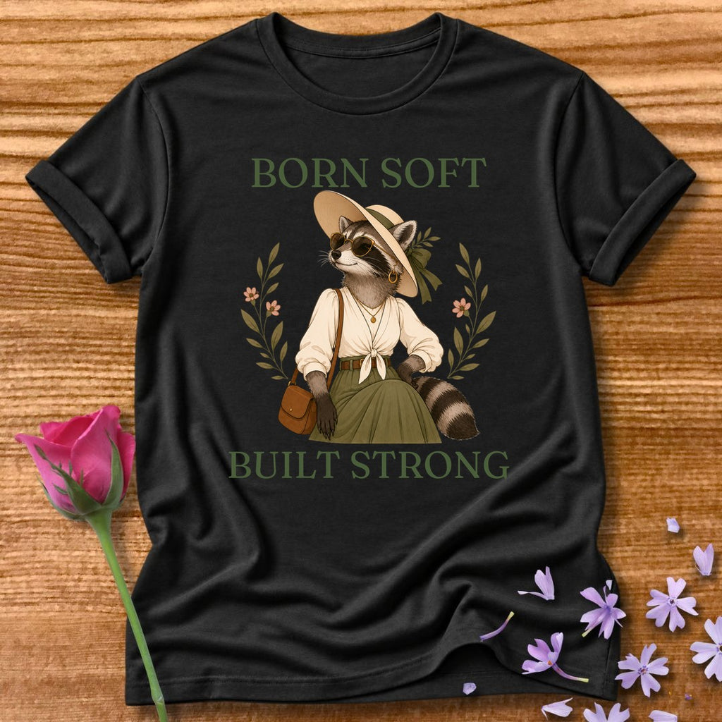 Raccoon — Born Soft Built Strong Vintage Aesthetic Animal in Black