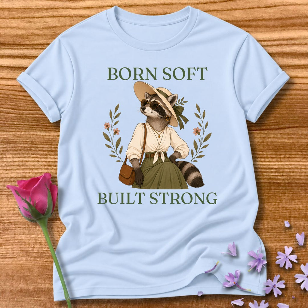Raccoon — Born Soft Built Strong Vintage Aesthetic Animal in Light Blue