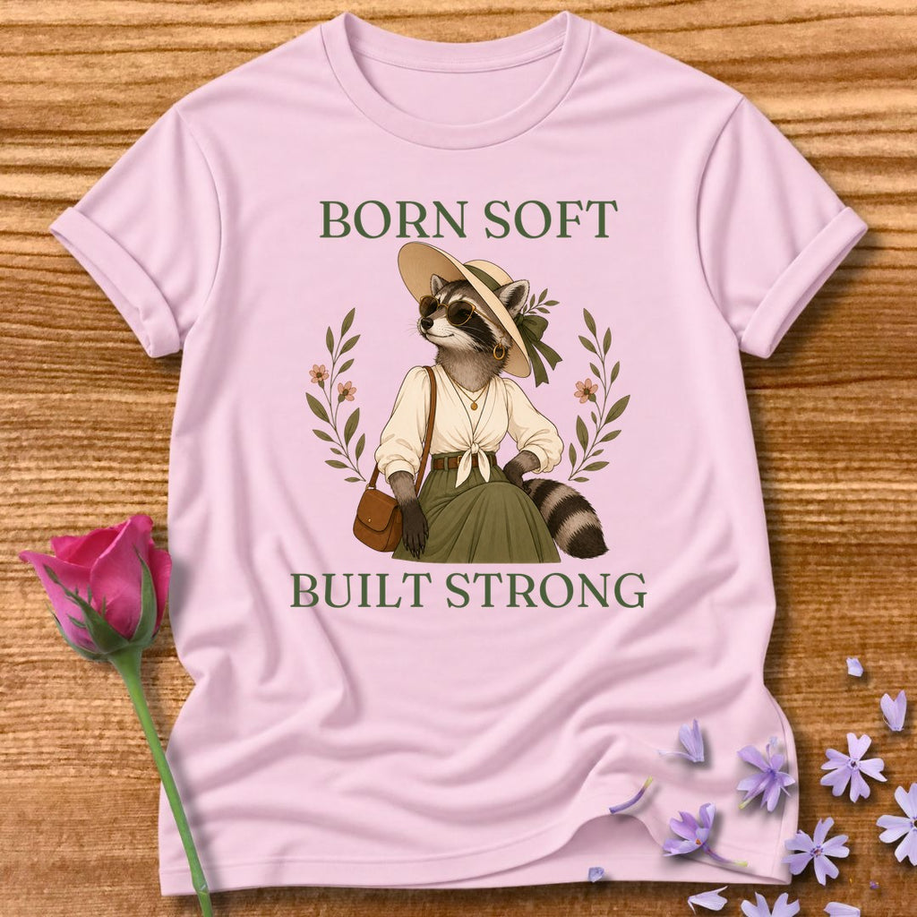 Raccoon — Born Soft Built Strong Vintage Aesthetic Animal in Light Pink
