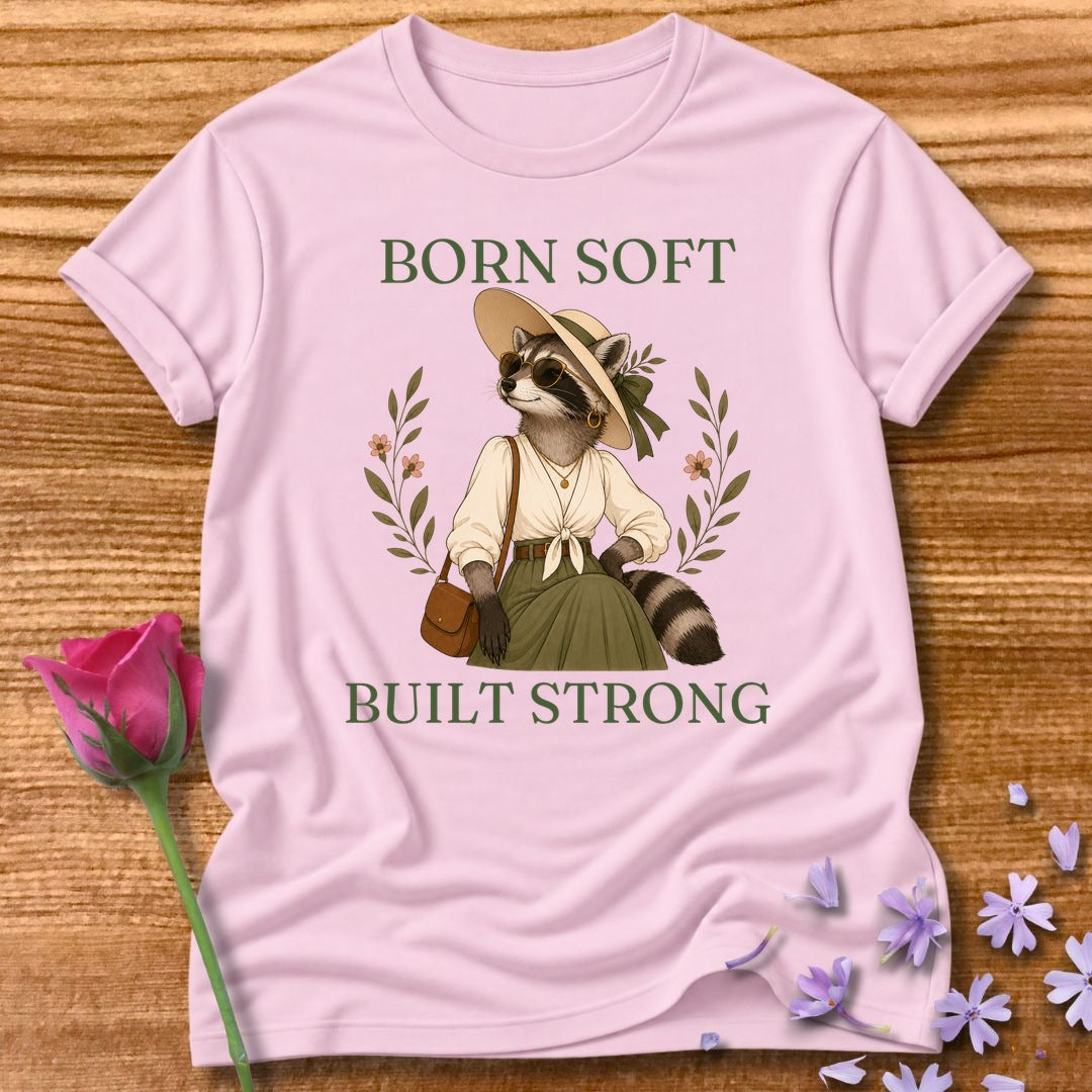 Raccoon — Born Soft Built Strong Vintage Aesthetic Animal in Light Pink