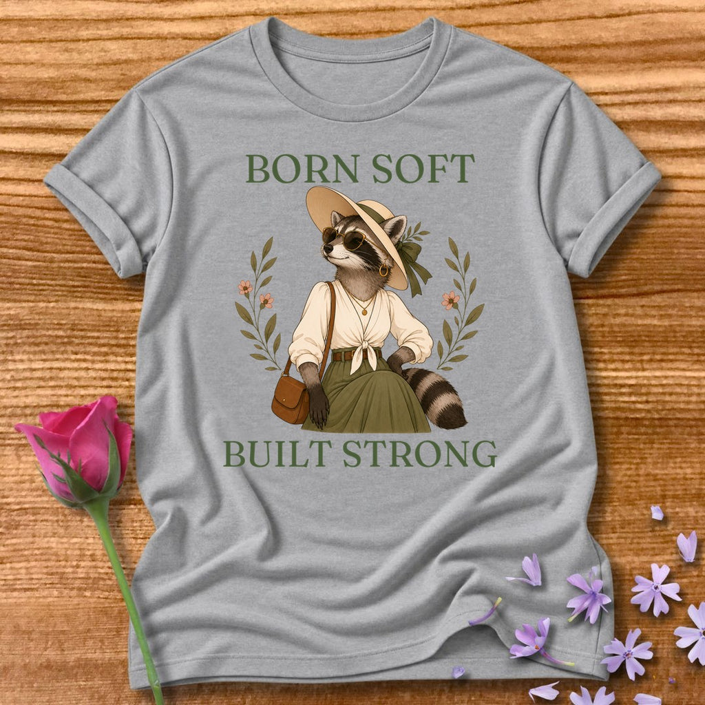 Raccoon — Born Soft Built Strong Vintage Aesthetic Animal in Sport Grey