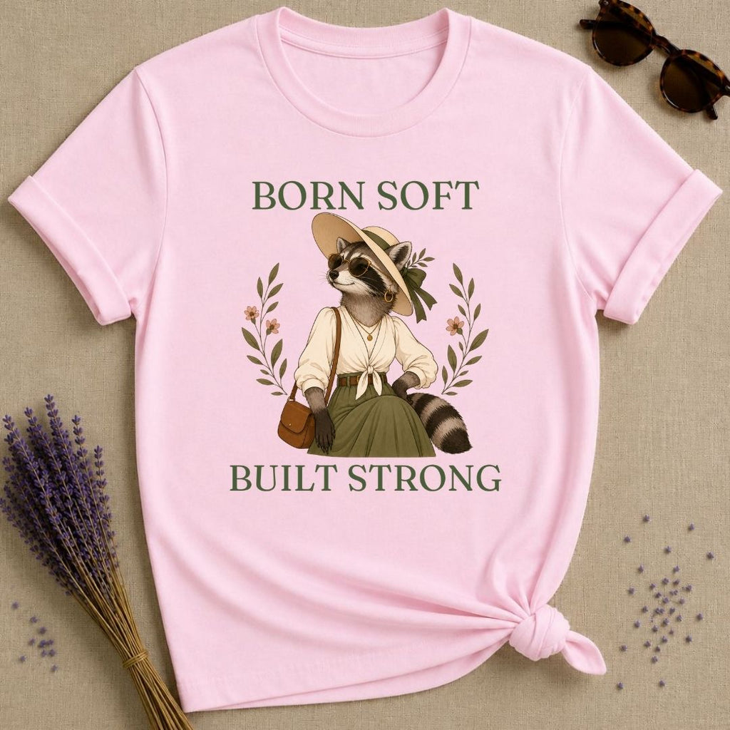 Raccoon Born Soft Built Strong T-Shirt - Light Pink