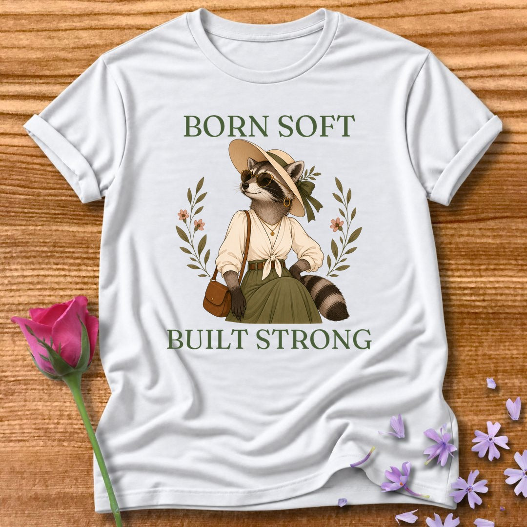 Raccoon — Born Soft Built Strong Vintage Aesthetic Animal in White