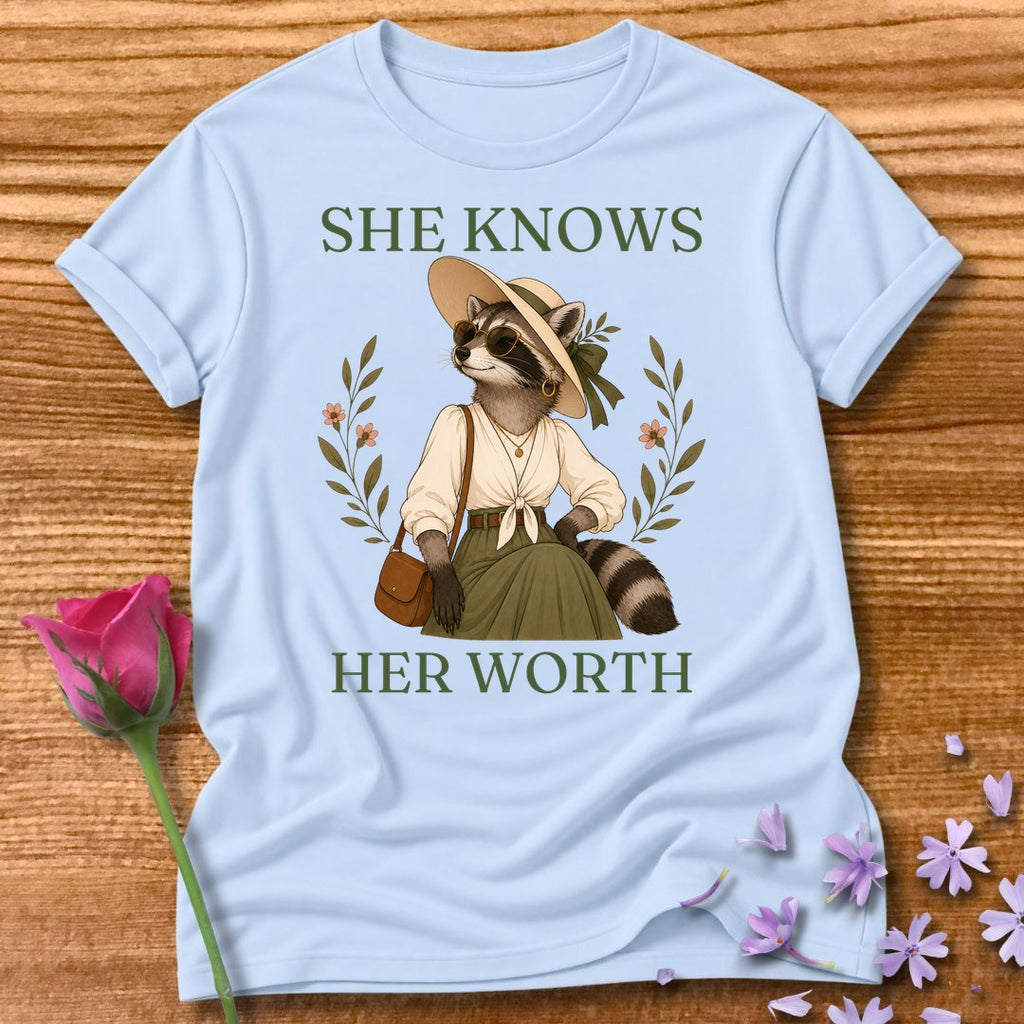 Raccoon — She Knows Her Worth Vintage Aesthetic Animal in Light Blue