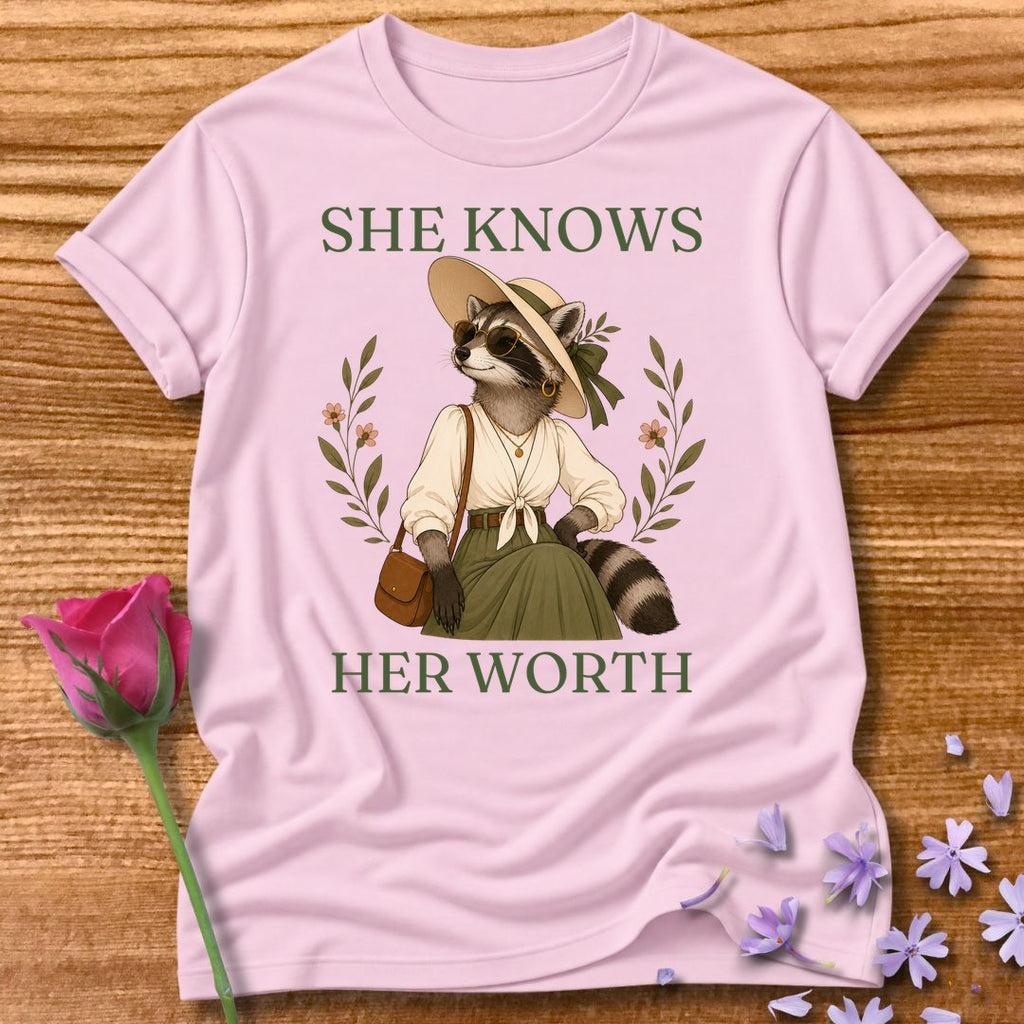 Raccoon — She Knows Her Worth Vintage Aesthetic Animal in Light Pink