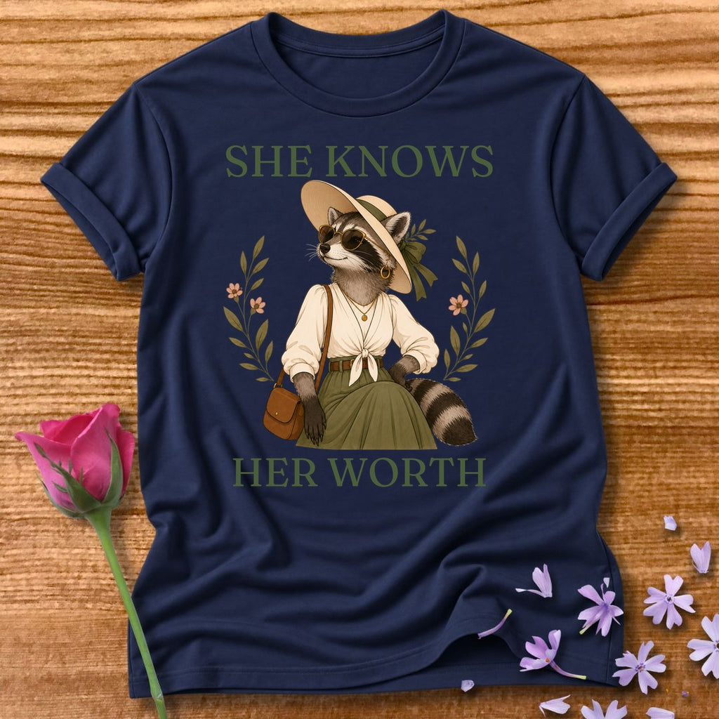 Raccoon — She Knows Her Worth Vintage Aesthetic Animal in Navy