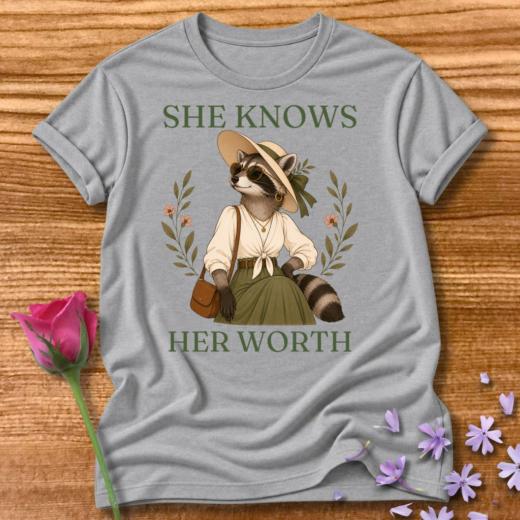 Raccoon — She Knows Her Worth Vintage Aesthetic Animal in Sport Grey