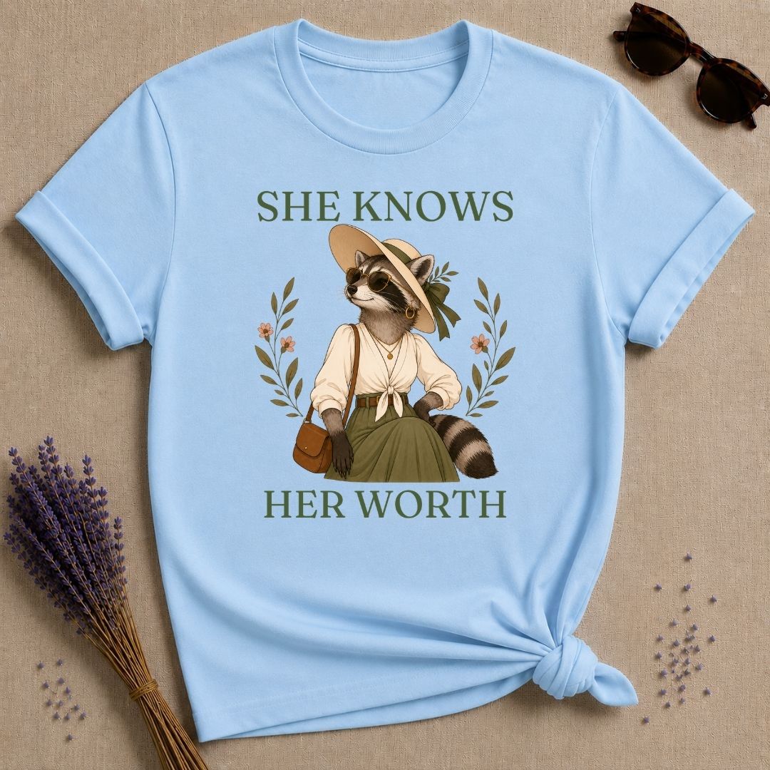 Raccoon She Knows Her Worth T-Shirt - Light Blue