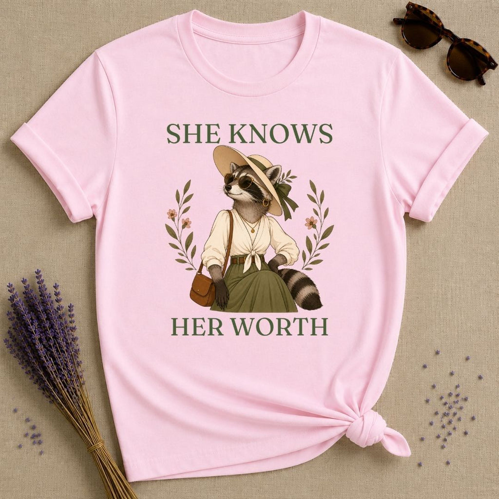 Raccoon She Knows Her Worth T-Shirt - Light Pink