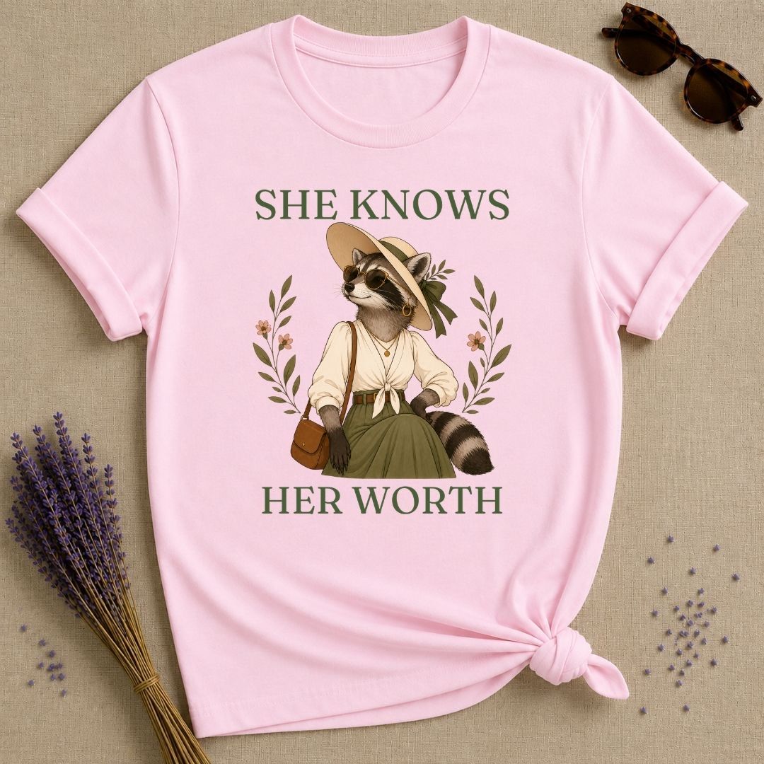 Raccoon She Knows Her Worth T-Shirt - Light Pink